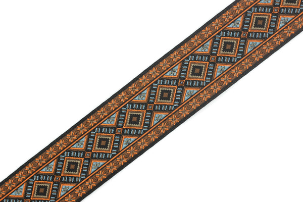 35 mm Blue&Orange Geometric Motif Ribbon (1.37 inches), Vintage Jacquard, Sewing Trim, Huge Trim, Large ribbon, making curtain, 35996