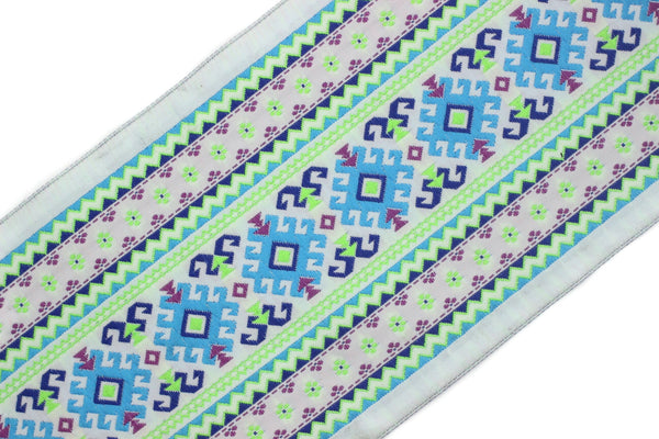 100 mm Blue&Light Green Mosaic Jacquard Ribbons (3.93 inch), Vintage ribbon, Large ribbon, jacquard trim, 100997