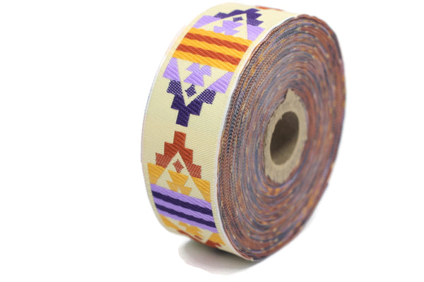 35 mm Purple&Orange Carpet Motive Ribbon (1.37 inches, Anatolian trim, jacquard trim, fabric wide trims, craft supplies, vintage trim, 35126