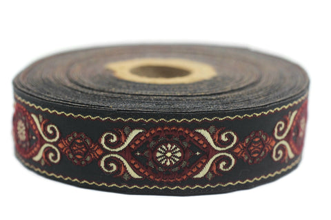 25 mm Red&Black Jacquard trims (0.98 inches), jacquard ribbons, Decorative Craft Ribbon, Sewing trim, woven trim, Vintage ribbon, 25950