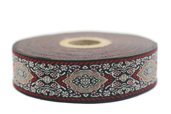 25 mm Red Medieval Motive Woven Border (0.98 inches), jacquard ribbon, Embroidered ribbon, Sewing trim, Scroll Jacquard trim, 25589