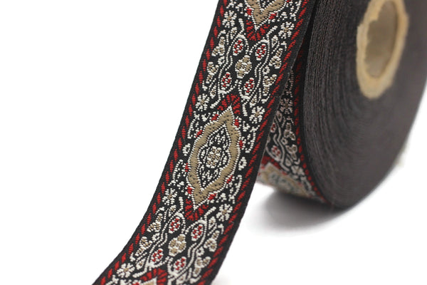 25 mm Red Medieval Motive Woven Border (0.98 inches), jacquard ribbon, Embroidered ribbon, Sewing trim, Scroll Jacquard trim, 25589