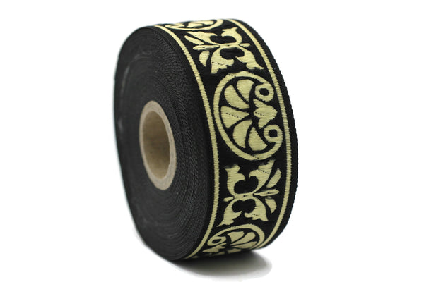 35mm Palm Trees Black and Gold Jacquard Ribbon 1.37 inch | Embroidered Trim | Fabric Tapestry for Embellishment Craft Home Decor 35058