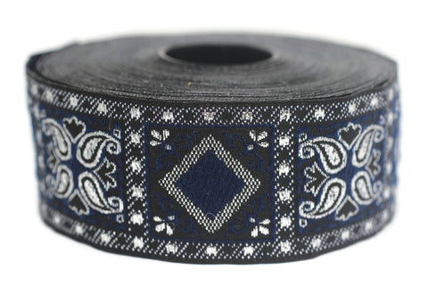 35 mm Blue/Silver Geometric Jacquard trim (1.37 inches), vintage Ribbon, Decorative Craft Ribbon, Sewing, Jacquard ribbon, Trim, 35587