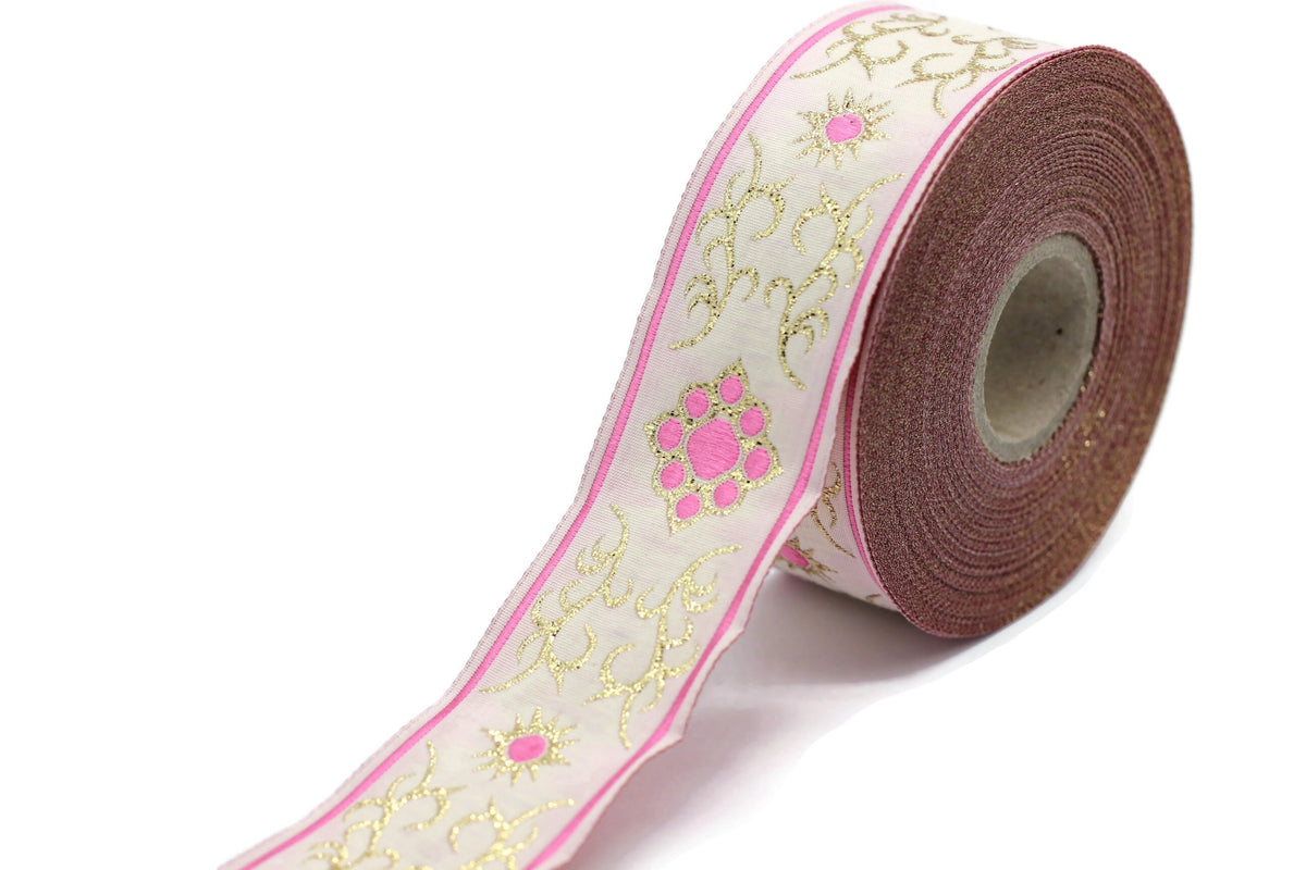 35 mm metallic Pink jacquard ribbons (1.37 inches, native american emb ...