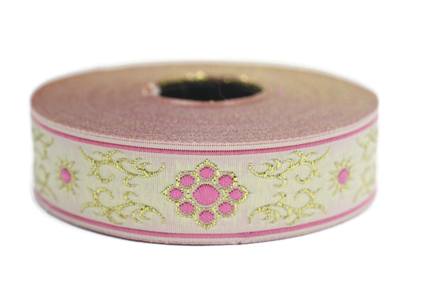 22 mm metallic Pink jacquard ribbons (0.86 inches,  native american embroidered trim, woven trim, woven jacquards, woven border, 22806