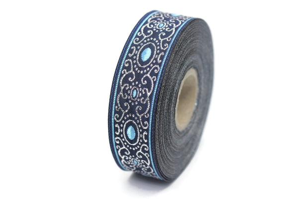 22 mm blue authentic Jacquard ribbon (0.86 inches), woven ribbon, authentic ribbon, Sewing, Scroll Jacquard trim, 22805