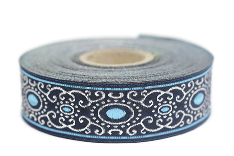 22 mm blue authentic Jacquard ribbon (0.86 inches), woven ribbon, authentic ribbon, Sewing, Scroll Jacquard trim, 22805