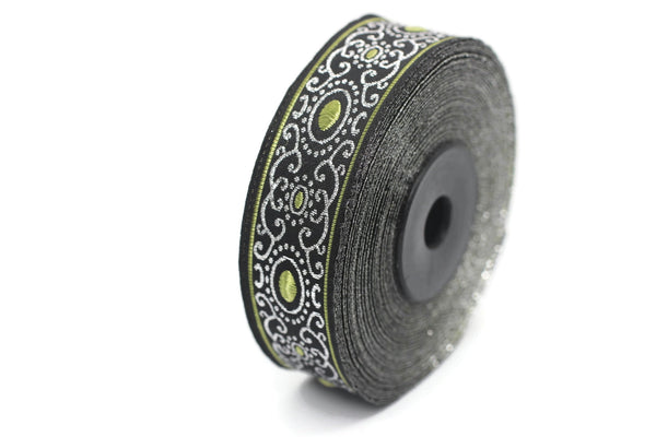 22 mm green authentic Jacquard ribbon (0.86 inches), woven ribbon, authentic ribbon, Sewing, Scroll Jacquard trim, 22805