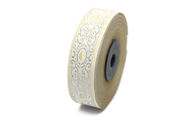 22 mm yellow/white authentic Jacquard ribbon (0.86 inches), woven ribbon, authentic ribbon, Sewing, Scroll Jacquard trim, 22805