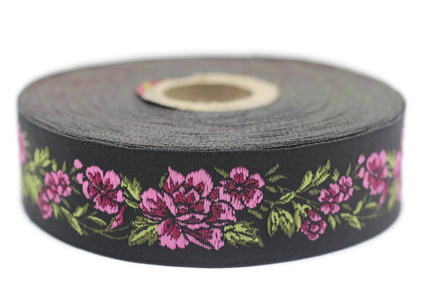 25 mm Pink / Black Floral Jacquard trim (0.98 inches, vintage Ribbon, Decorative Craft Ribbon, Floral Jacquard Ribbon, Trim, 25096
