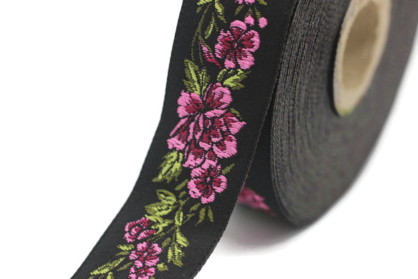 25 mm Pink / Black Floral Jacquard trim (0.98 inches, vintage Ribbon, Decorative Craft Ribbon, Floral Jacquard Ribbon, Trim, 25096