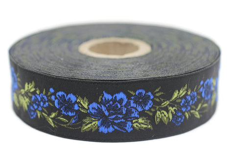 25 mm Blue / Black Floral Jacquard trim (0.98 inches, vintage Ribbon, Decorative Craft Ribbon, Floral Jacquard Ribbon Trim, ribbon, 25096