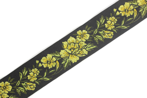 35 mm Yellow / Black Floral Jacquard trim (1.37 inches), vintage Ribbon, Decorative Craft Ribbon, Floral Jacquard Ribbon, towel trim, 35096