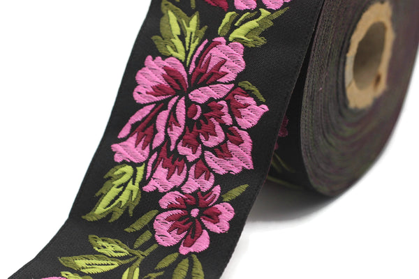 50 mm Pink/ Black Floral Jacquard trim (1.96 inches), vintage Ribbon, Decorative Craft Ribbon, Floral Jacquard Ribbon, Trim, 50096