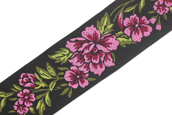 50 mm Pink/ Black Floral Jacquard trim (1.96 inches), vintage Ribbon, Decorative Craft Ribbon, Floral Jacquard Ribbon, Trim, 50096