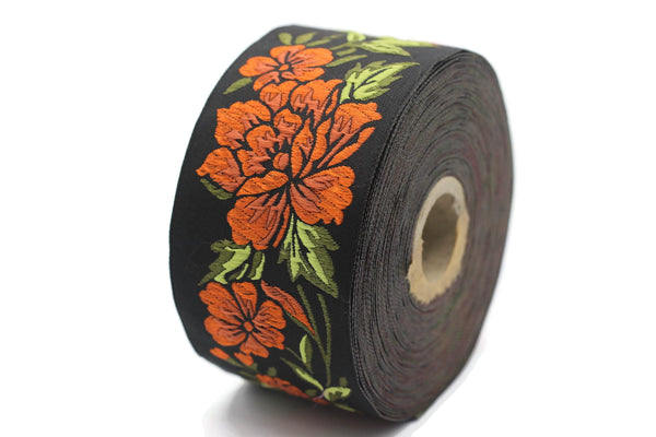50 mm Orange / Black Floral Jacquard trim (1.96 inches), vintage Ribbon, Decorative Craft Ribbon, Floral Jacquard Ribbon, Trim, 50096