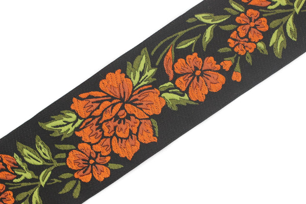50 mm Orange / Black Floral Jacquard trim (1.96 inches), vintage Ribbon, Decorative Craft Ribbon, Floral Jacquard Ribbon, Trim, 50096