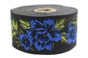 50 mm Blue/ Black Floral Jacquard trim (1.96 inches), vintage Ribbon, Decorative Craft Ribbon, Jacquard, Floral Jacquard Ribbon, Trim, 50096