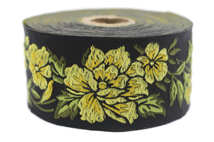 50 mm Yellow / Black Floral Jacquard trim (1.96 inches), vintage Ribbon, Decorative Craft Ribbon, Floral Jacquard Ribbon, Trim, 50096