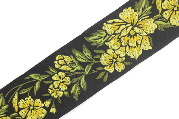 50 mm Yellow / Black Floral Jacquard trim (1.96 inches), vintage Ribbon, Decorative Craft Ribbon, Floral Jacquard Ribbon, Trim, 50096