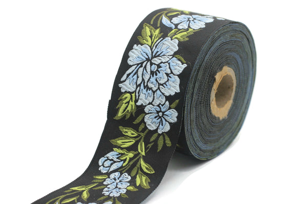 50 mm Sky Blue/ Black Floral Jacquard trim (1.96 inches), vintage Ribbon, Decorative Craft Ribbon, Floral Jacquard Ribbon, Trim, 50096