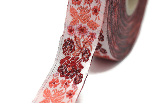 22 mm Red Floral Embroidered ribbon (0.86 inches), Vintage Jacquard, Floral ribbon, Sewing trim, Jacquard trim, Jacquard ribbon, 22097