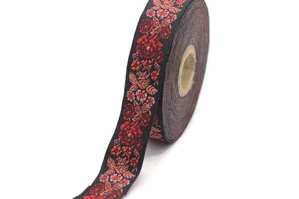 22 mm Red/Black Floral Embroidered ribbon (0.86 inches), Vintage Jacquard, Floral ribbon, Sewing trim, Jacquard trim, Jacquard ribbon, 22097