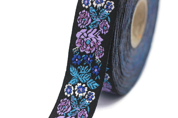22mm Blue/Black Floral Embroidered ribbon (0.86 inches), Vintage Jacquard, Floral ribbon, Sewing trim, Jacquard trim, Jacquard ribbon, 22097