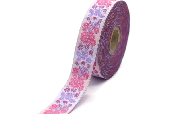 22 mm Pink Floral Embroidered ribbon (0.86 inches),  Vintage Jacquard, Floral ribbon, Sewing trim, Jacquard trim, Jacquard ribbon, 22097