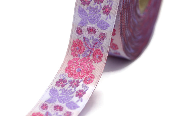 22 mm Pink Floral Embroidered ribbon (0.86 inches),  Vintage Jacquard, Floral ribbon, Sewing trim, Jacquard trim, Jacquard ribbon, 22097