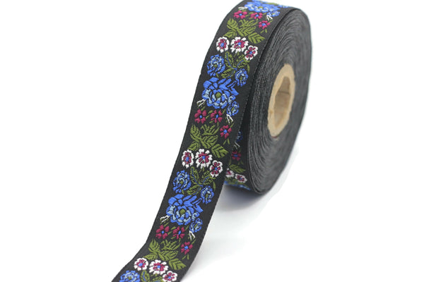 22 mm Blue Floral Embroidered ribbon (0.86 inches), Vintage Jacquard, Floral ribbon, Sewing trim, Jacquard trim, Jacquard ribbon, 22097