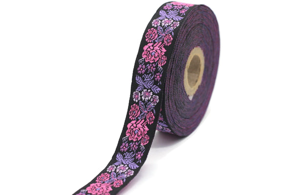 22 mm Purple/Black Embroidered ribbon (0.86 inches), Vintage Jacquard, Floral ribbon, Sewing trim, Jacquard trim, Jacquard ribbon, 22097
