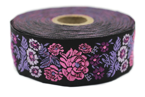 35mm Purple/Black Floral Embroidered ribbon, 1.37 inche, Vintage Jacquard, Floral ribbon, Sewing trim, Jacquard trim, Jacquard ribbon, 35097