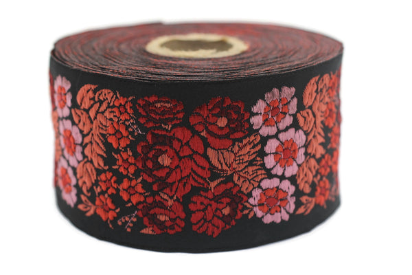 50 mm Red and Black Floral Embroidered Ribbon, Woven Trim 1.96 inch, Jacquard Ribbon, Woven Ribbon, Jacquard Border Trim,   50097