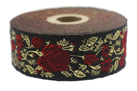 35 mm Red / Black Floral Jacquard trim (1.37 inches), Rose emboried Ribbon, Decorative Craft Ribbon, Jacquard Ribbon Trim, 35089