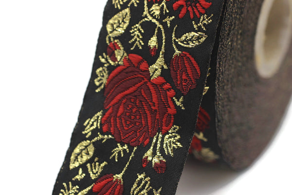 35 mm Red / Black Floral Jacquard trim (1.37 inches), Rose emboried Ribbon, Decorative Craft Ribbon, Jacquard Ribbon Trim, 35089