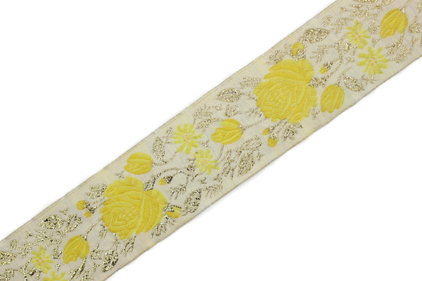 35 mm Yellow / White Floral Jacquard trim (1.37 inches), Rose emboried Ribbon, Decorative Craft Ribbon, Jacquard Ribbon Trim, 35089