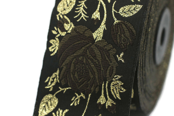 50 mm Brown / Black Floral Jacquard trim (1.96 inches) rose embroried Ribbon, Decorative Craft Ribbon, Jacquard Ribbon Trim, 50089
