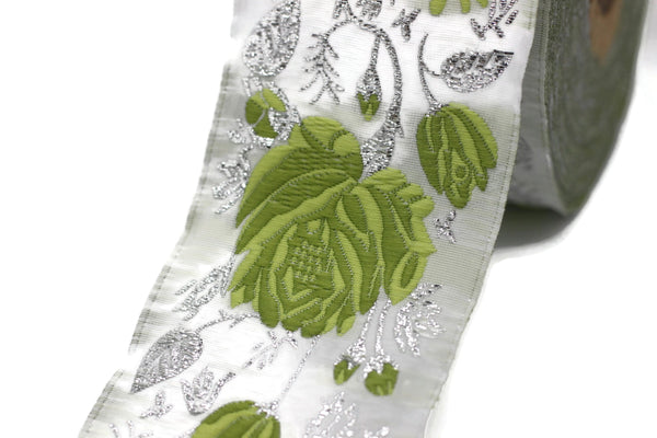 50 mm Green / White Floral Jacquard trim (1.96 inches), vintage Ribbon, Decorative Craft Ribbon, Floral Jacquard Ribbon Trim, 50089