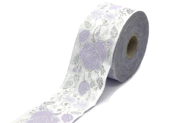 50 mm Purple / White Floral Jacquard trim (1.96 inches), vintage Ribbon, Decorative Craft Ribbon, Floral Jacquard Ribbon Trim, 50089