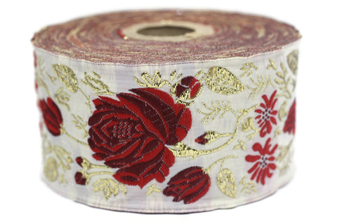50 mm Red / White Floral Jacquard trim (1.96 inches), rose embroried Ribbon, Decorative Craft Ribbon, Jacquard Ribbon Trim, 50089