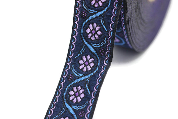22 mm purple Floral Embroidered ribbon (0.86 inches), Vintage Jacquard, Floral ribbon, Floral trim, woven jacquard, jacquard ribbons, 22938