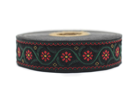 22 mm Red Floral Embroidered ribbon (0.86 inches),  Vintage Jacquard, Floral ribbon, Floral trim, woven jacquard, jacquard ribbons, 22938