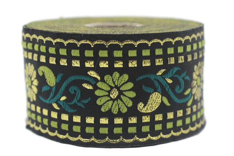 50 mm Green/ Black Floral Jacquard trim (1.96 inches) - vintage Ribbon, Craft Ribbon, Floral Jacquard Ribbon Trim, Ribbon by the yards 50095