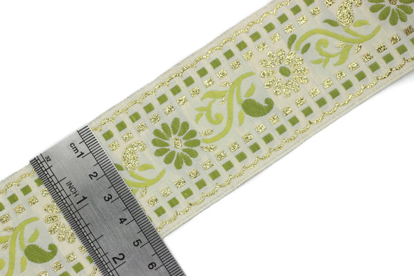 50 mm Green/ White Floral Jacquard trim (1.96 inches), vintage Ribbon, Craft Ribbon, Floral Jacquard Ribbon Trim, Ribbon by the yards 50095