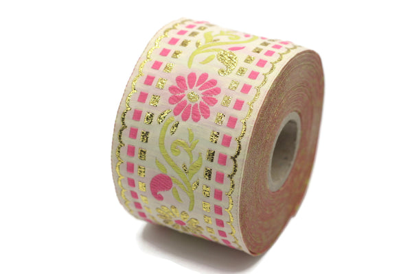 50 mm Pink/ White Floral Jacquard trim (1.96 inches), vintage Ribbon, Craft Ribbon, Floral Jacquard Ribbon Trim, Ribbon by the yards 50095