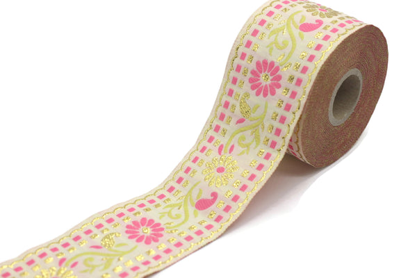50 mm Pink/ White Floral Jacquard trim (1.96 inches), vintage Ribbon, Craft Ribbon, Floral Jacquard Ribbon Trim, Ribbon by the yards 50095