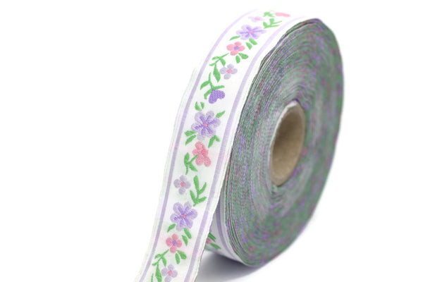 22 mm Purple/white Floral Jacquard ribbon (0.86 inches), woven ribbon, authentic ribbon - Sewing - Scroll Jacquard trim, ribbons, 22947
