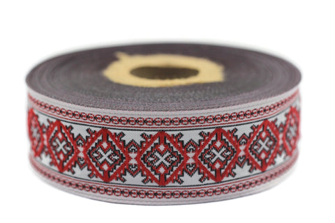 25 mm Red/White Carpet Ribbon  (0.98 inches), Geometric trim, jacquard trim, fabric wide trims, craft supplies, vintage trim, 25984